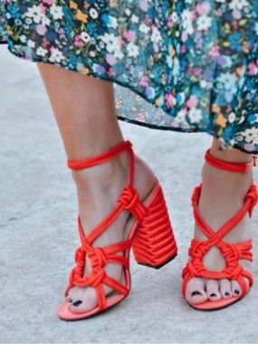 CAbi Red Knotted Strappy Block Heel Sandals - Women